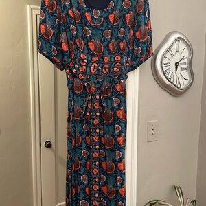Maeve Elegant Blue and Orange Patterned Maxi Dress